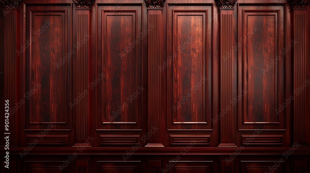 A luxurious mahogany wood paneling background with deep, rich tones and intricate grain patterns, giving a sophisticated ambiance to a grand hall. A luxurious mahogany wood paneling background with deep, rich tones and intricate grain patterns, giving a sophisticated ambiance to a grand hall.