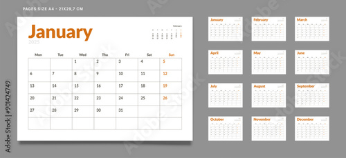 Set of 12 Pages Monthly Calendar Planner Templates on 2025 year. Vector mockup of a wall or desktop calendar with the week start on Monday for print. Pages size A4 -21x29.7cm