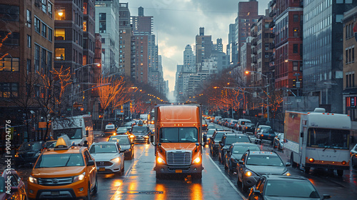 A busy city street with a large orange semi truck driving down the road