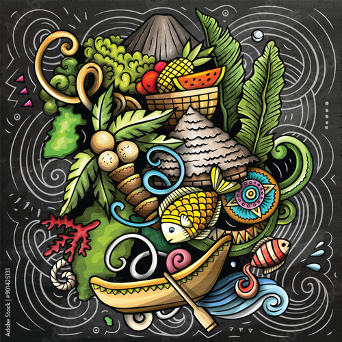 Tahiti hand drawn cartoon doodle illustration. Creative funny vector background with French Polynesia elements and objects. Colorful chalkboard composition