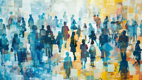 Mixed media of group of multinational people and global communication network concept. Management strategy. Human resources. Wide angle visual for banners or advertisements. Generative Ai.