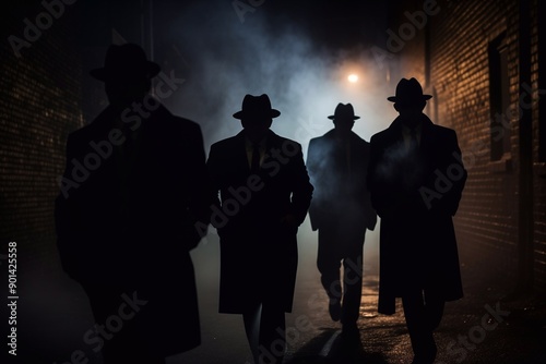 silhouettes of gangsters in fancy hats and suits walking in a dark alley at night. Generative ai photo