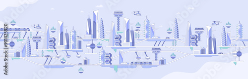 Future city panorama flat vector illustration. Panoramic metropolis, futuristic urban architecture and eco friendly vehicles. High tech transportation, electric car, flying drone and speed train
