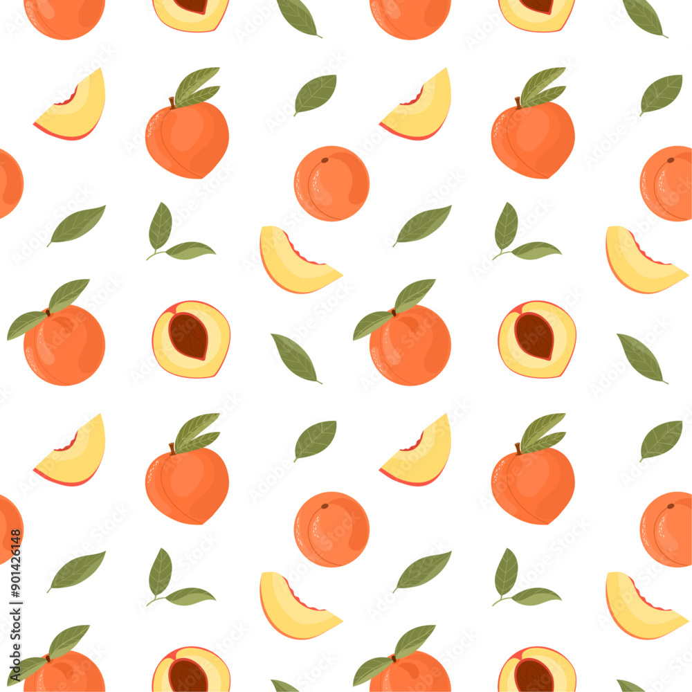 Seamless pattern with peaches and leaves. Vector background with fruits. Slices, half and whole peach. Summer tropical design. Vector pattern for decor, fabric, packaging. Seamless pattern with peaches and leaves. Vector background with fruits. Slices, half and whole peach. Summer tropical design. Vector pattern for decor, fabric, packaging.
