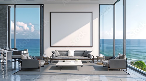 A mockup poster frame in an ultra-modern living room with a panoramic view of the ocean through floor-to-ceiling windows. The decor includes sleek furniture and a monochromatic color palette. 