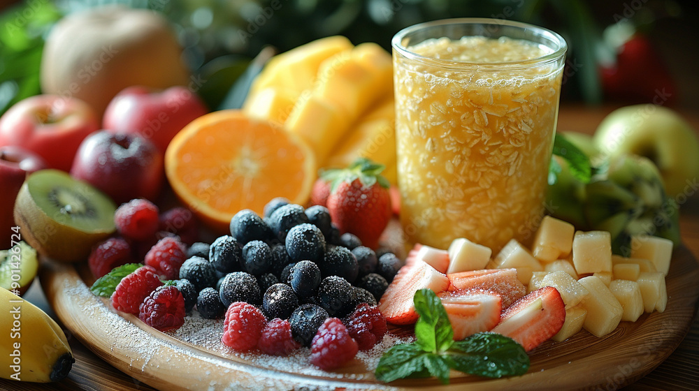 A plate of fruit and a glass of juice A plate of fruit and a glass of juice