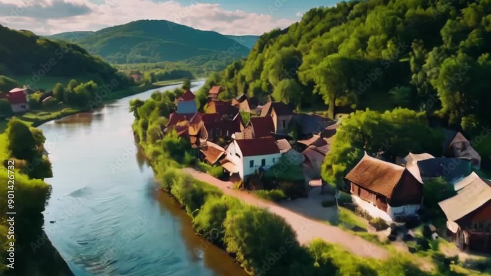 Aerial View of Picturesque Village on Riverbank with Rolling Hills Aerial View of Picturesque Village on Riverbank with Rolling Hills