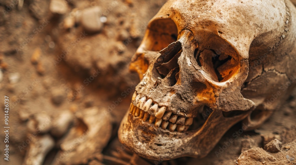 A skull is laying on the ground with a smile on its face A skull is laying on the ground with a smile on its face