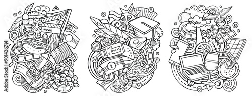 California cartoon vector doodle designs set. detailed compositions with lot of USA State objects and symbols