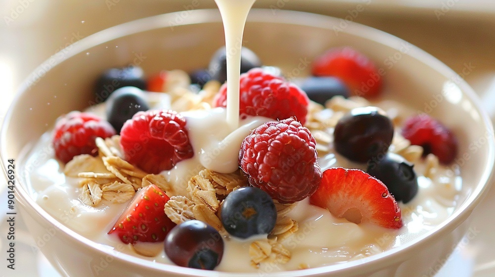 Oatmeal with berries and yogurt, served in a bowl and topped with a drizzle Oatmeal with berries and yogurt, served in a bowl and topped with a drizzle