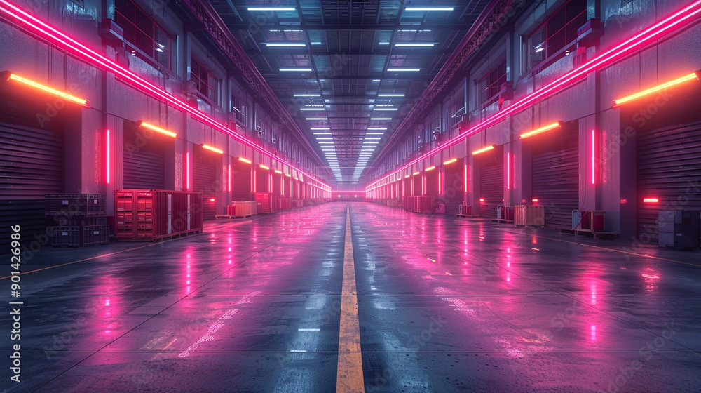 A long, empty warehouse with neon lights and a pinkish hue A long, empty warehouse with neon lights and a pinkish hue