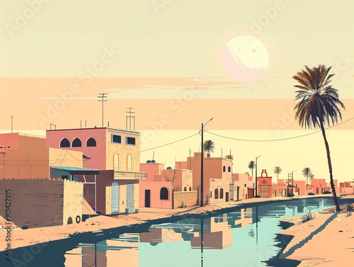 Risograph stencilled riso print travel poster, card, wallpaper or banner illustration, modern, isolated, clear, simple of Ramadi, Iraq. Artistic, screen printing, stencil photo