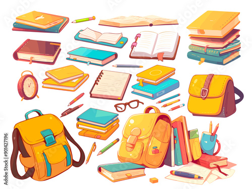school supplies pupil set. schoolboy student education backpack book stationery item. vector illustration on white background