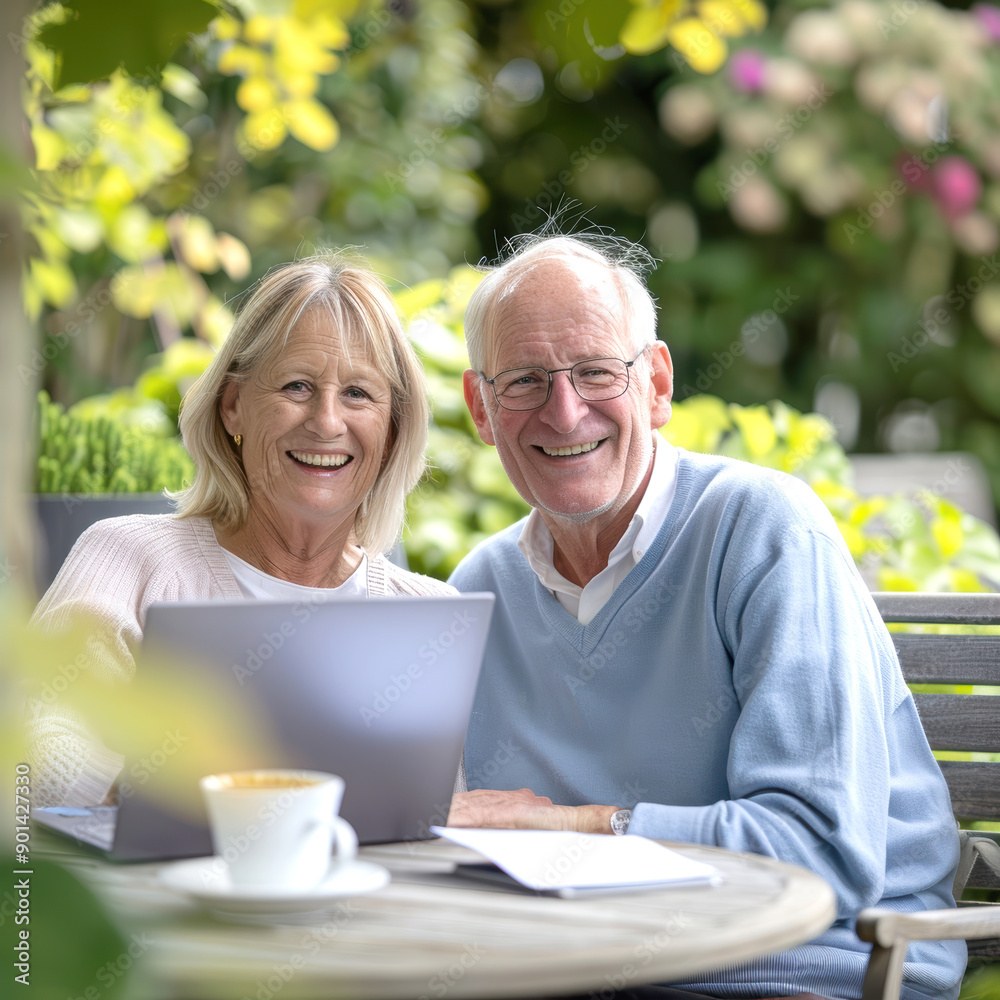 A couple of 60-year-olds sitting in front of a laptop. AI generative. A couple of 60-year-olds sitting in front of a laptop. AI generative.