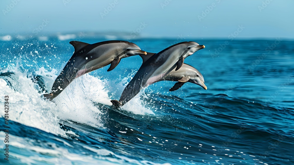 Obraz premium A group of dolphins jumping out of the water. Scene is lively and energetic