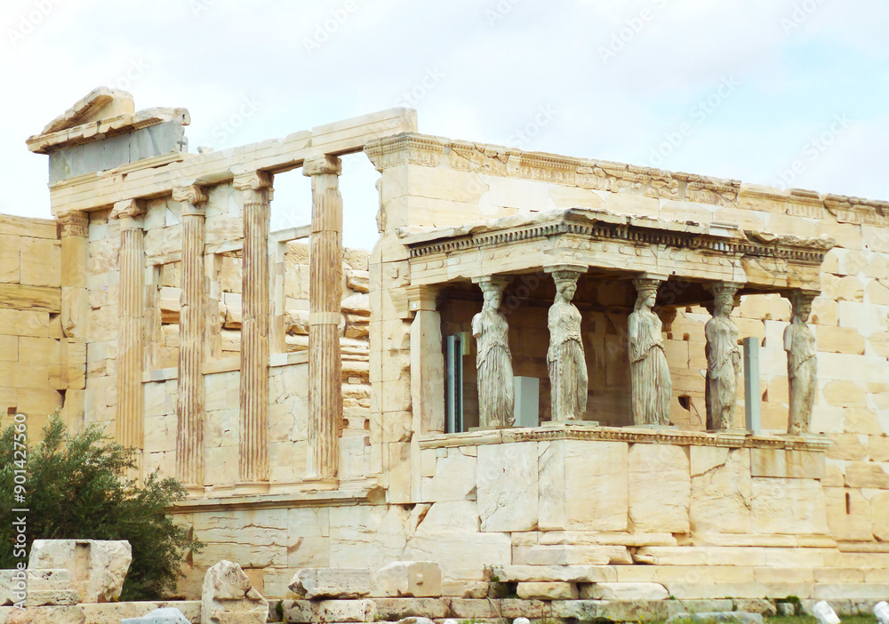 Ancient Ionic Temple Erechtheum with the Famous Caryatid Porch, Located on the Acropolis of Athens, Greece