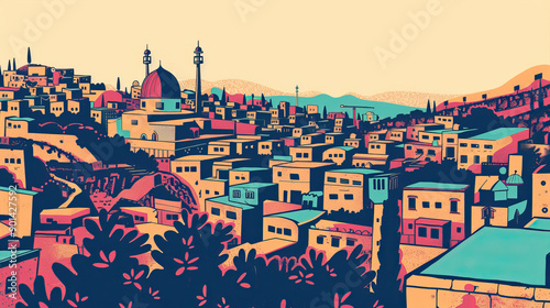Risograph halftone riso print travel poster, card, wallpaper or banner illustration, modern, isolated, clear, simple of Ramallah, Palestine. Artistic, screen printing, stencil © Goodwave Studio