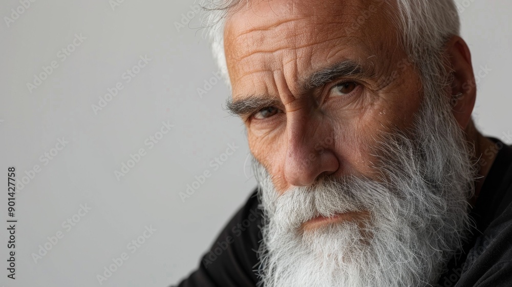 A man with a beard and gray hair is looking at the camera A man with a beard and gray hair is looking at the camera