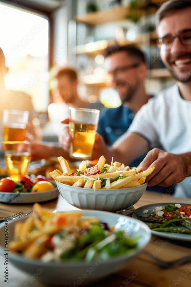 Family sitting around the table eating French fries. AI generative Family sitting around the table eating French fries. AI generative