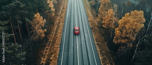 A bird  s-eye view of a lone car on an abandoned highway, depicting the journey through deserted economic landscapes photo