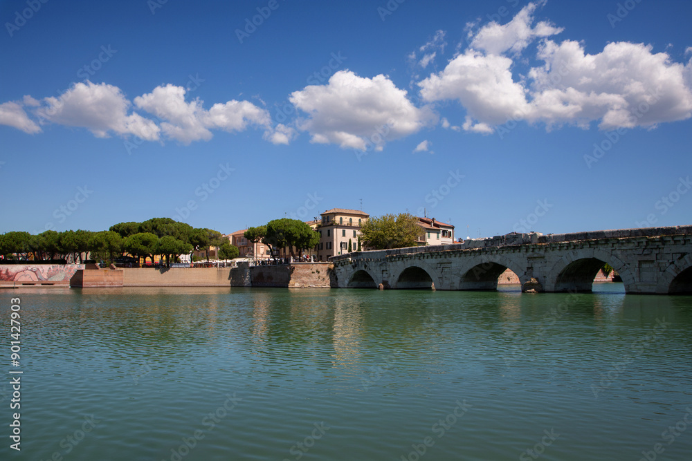Fototapeta premium Historic Tiberius Bridge, ancient Roman architecture, Rimini landmark, built 21 AD.