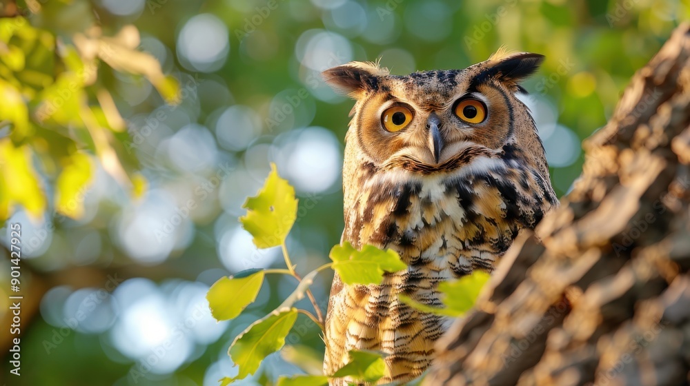 Fototapeta premium An owl with striking orange eyes perched on a tree, looking directly at the camera, displaying its beautiful feathers and surrounded by blurred leafy green background.