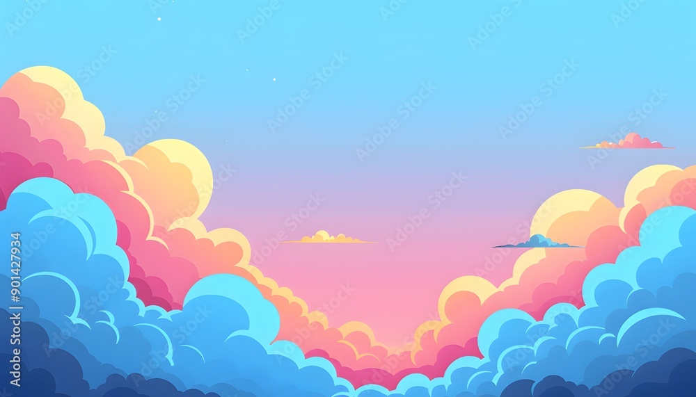 Fototapeta premium Cartoon cloud scene. Pink clouds. Pink sunset, dawn cloud sky. Flat vector illustration.