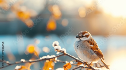 A beautifully detailed close-up of a sparrow sitting on a snowy branch, lit by the soft, golden sunlight of winter. The bird is framed by frosty, yellow leaves. photo