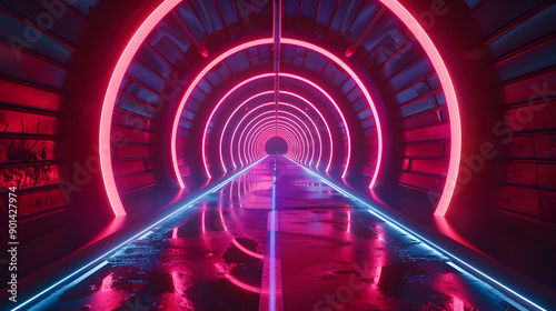 Sci Fy neon glowing lines in a dark tunnel. Reflections on the floor and ceiling. Generative Ai.