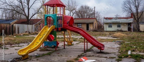 The stark contrast of a colorful playground next to boarded-up homes, highlighting the innocence of youth amid economic turmoil photo