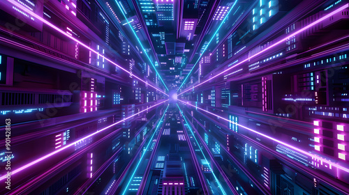  Sci-fi Cityscape with Purple and Cyan Neon lights. Night scene with Visionary Architecture. Generative Ai.
