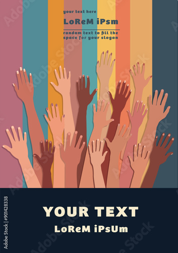 Group raised hand. DEIB concept. Poster copy space. Multicultural people. Racial equality. Men and women of different culture and nations. Community. Diversity Equity Inclusion Belonging