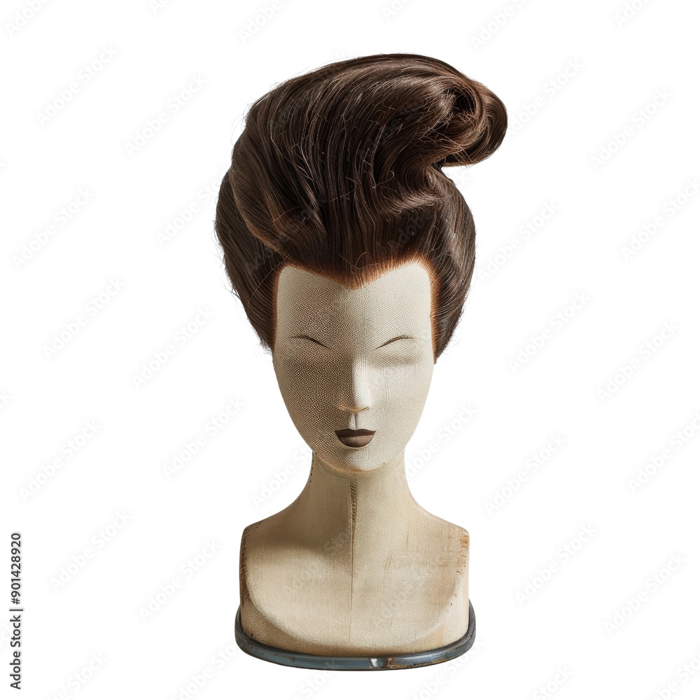 Fototapeta premium Mannequin head with styled brown wig resembling a vintage fashion. Ideal for hair styling, fashion, or retail display concepts.