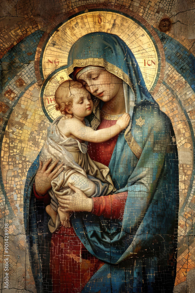 Virgin Mary with baby Jesus. AI generative. Virgin Mary with baby Jesus. AI generative.