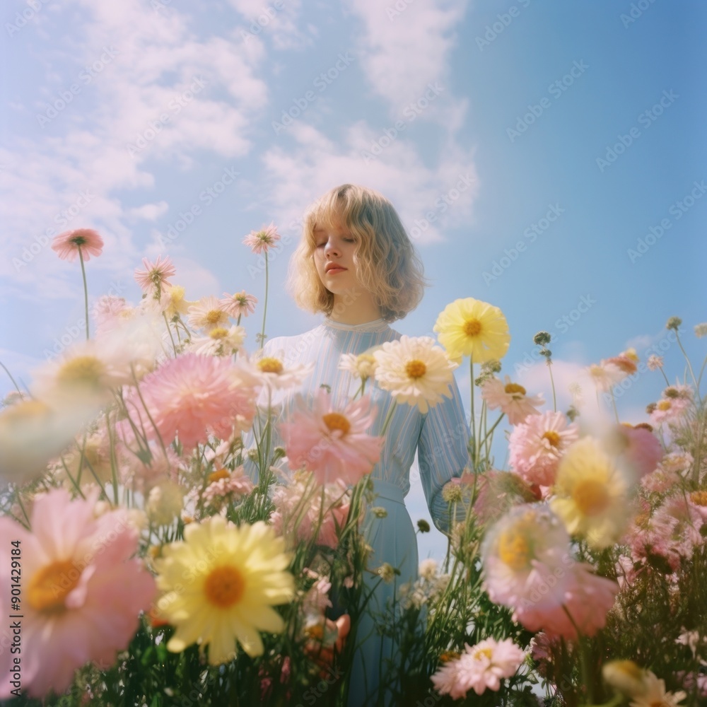 Flower field, woman posing, beautiful sky
