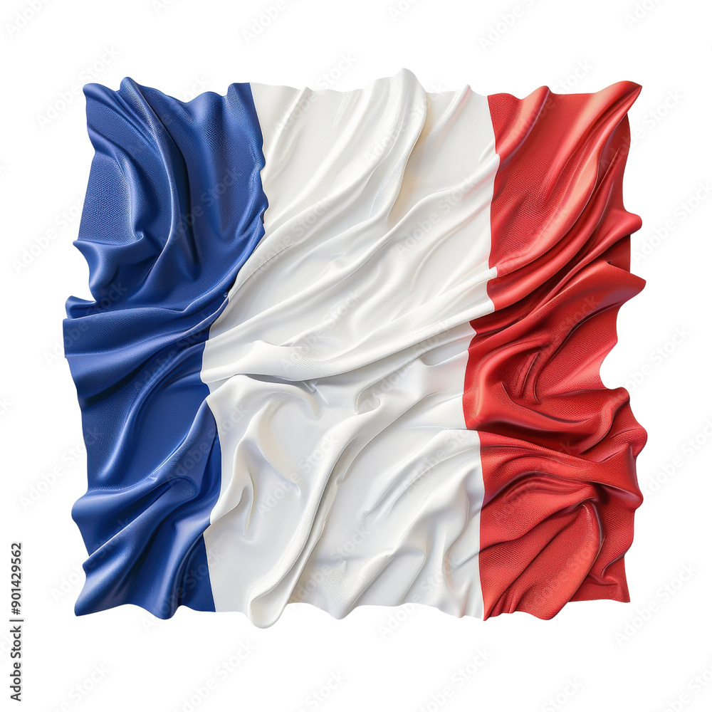 Waving French flag with crumpled textures, displaying the national tricolor of blue, white, and red. Symbol of France and its cultural identity. Waving French flag with crumpled textures, displaying the national tricolor of blue, white, and red. Symbol of France and its cultural identity.