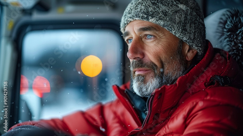 A man in a red jacket and a gray hat is driving a vehicle