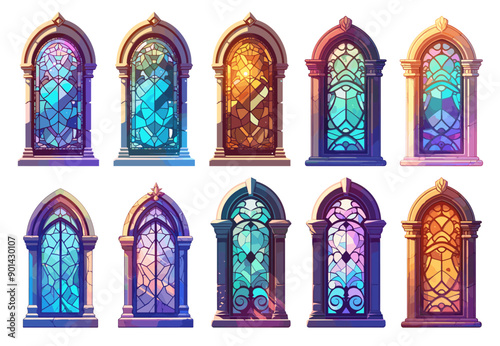 stained glass window set. stained glass mosaic antique stone magic. vector illustration cartoon