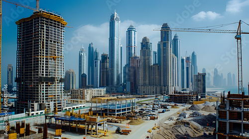 Skyline of a fast-growing city with advanced construction. Generative Ai.