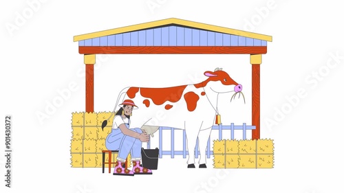 Farmer woman milking cow line cartoon animation. Agriculture activity 4K video motion graphic. Dairy farm milkmaid latin american countrywoman 2D linear animated character isolated on white background