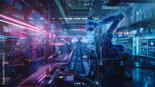  Smart factory, industry 4.0 M2M computer aided manufacturing 3D Robot automated team working AI chatbot future process futuristic industry engineering background. Generative Ai.
