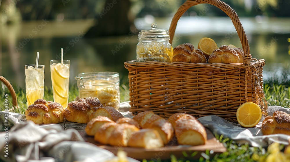 Fototapeta premium Fresh buns and citrus lemonade in park photo. Delicious healthy food. Baked snacks and drinks on summer picnic image background wallpaper. Eating outdoors concept picture realistic
