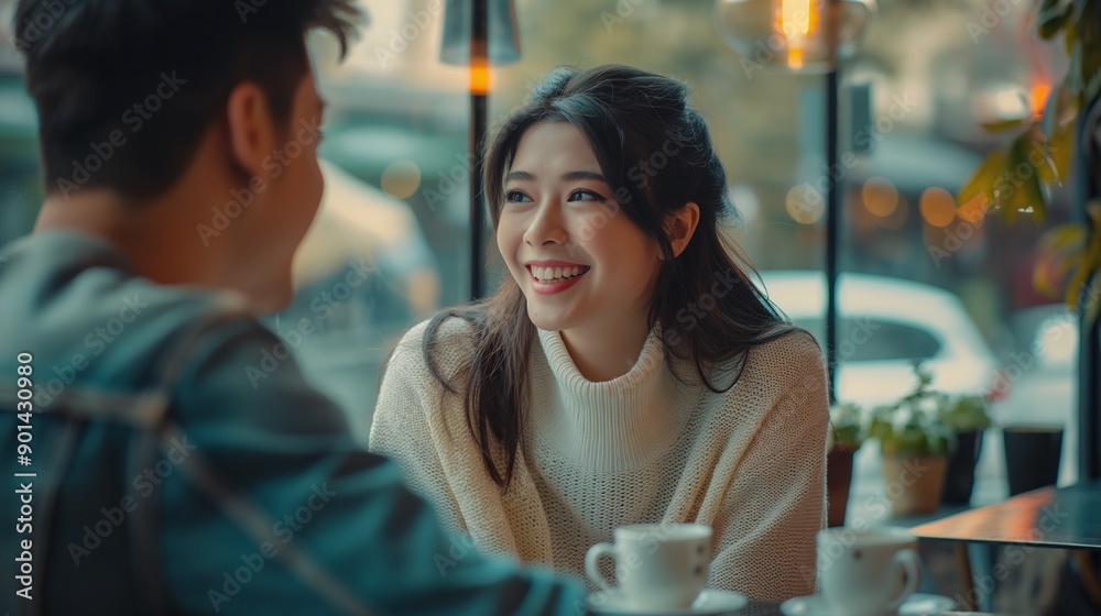 Smiling asian female with friend in cafe image. Young adult friends enjoying lunch together photography scene wallpaper. Happy friendship activity concept photorealistic photo Smiling asian female with friend in cafe image. Young adult friends enjoying lunch together photography scene wallpaper. Happy friendship activity concept photorealistic photo