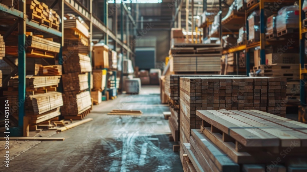 A warehouse with a lot of wood stacked up A warehouse with a lot of wood stacked up