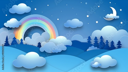 A night sky version in paper cut style, where fluffy clouds are silhouetted against a twilight blue background and a moonlit rainbow glows softly.