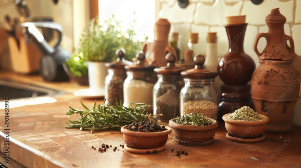 Mediterranean Kitchen with Spices and Herbs Mediterranean Kitchen with Spices and Herbs