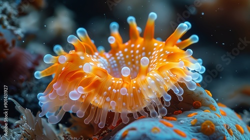 Bright Orange Sea Anemone Thrives Among Colorful Coral Reef During Afternoon Dive