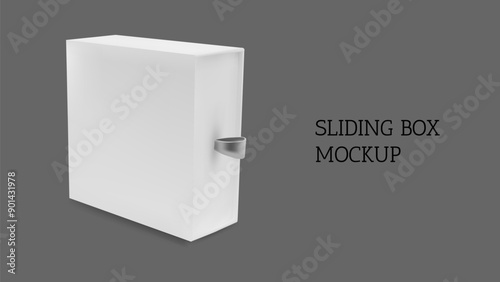 3d slide gift box mockup. Paper drawer package mock up. White close cardboard sleeve packaging side view. Realistic pull matchbook for presentation. Jewelry compact sliding pack layout with ribbon.