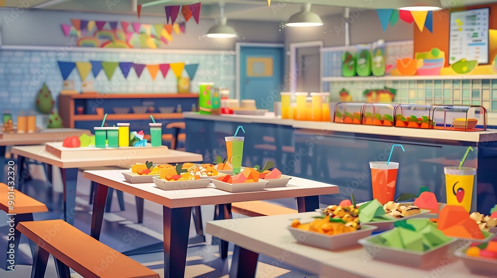 A paper cut scene of a school cafeteria with tables, paper food trays filled with colorful food, and a juice bar, creating a lively lunchtime atmosphere. A paper cut scene of a school cafeteria with tables, paper food trays filled with colorful food, and a juice bar, creating a lively lunchtime atmosphere.