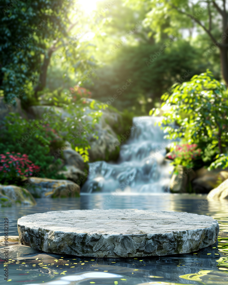 Marble round stone podium in the river. Beautiful waterfall behind. For displaying natural beauty products Marble round stone podium in the river. Beautiful waterfall behind. For displaying natural beauty products